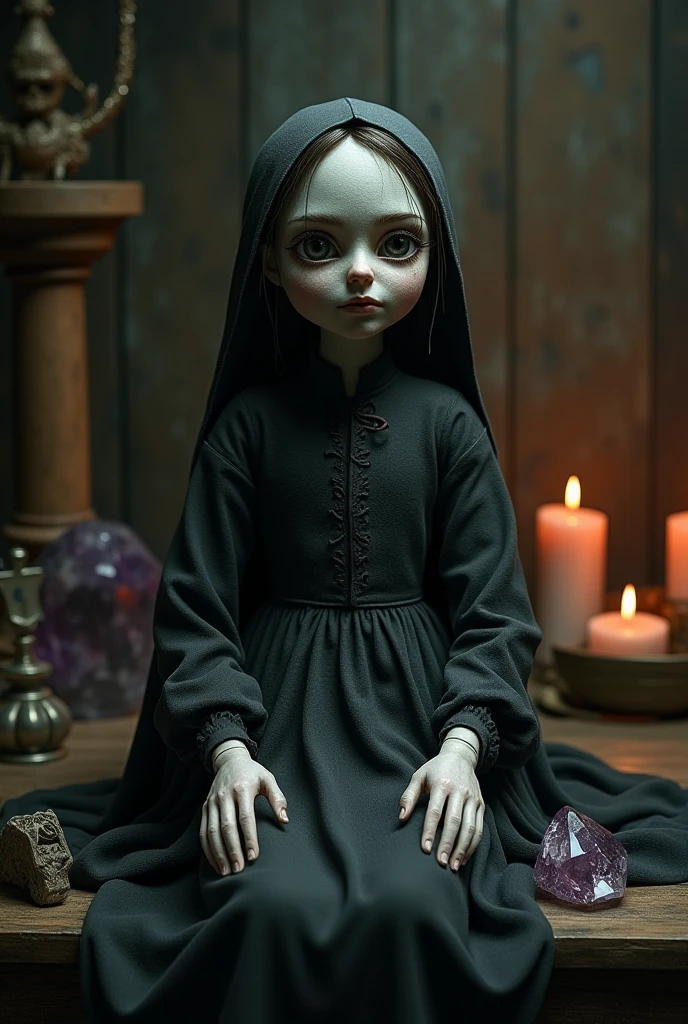 AN OLD AND FACELESS CURSED ANA BEAUTY CHILDREN'S STYLE DOLL, CURSED GOTHIC IMAGE DEMONIC IMAGE IN AN ABANDONED LABRATORY WITH BLACK CANDLES LIT ON THE FLOOR AT NIGHT, THE DOLL HAS A DEMONIC FEATURE AND WITHOUT A FACE