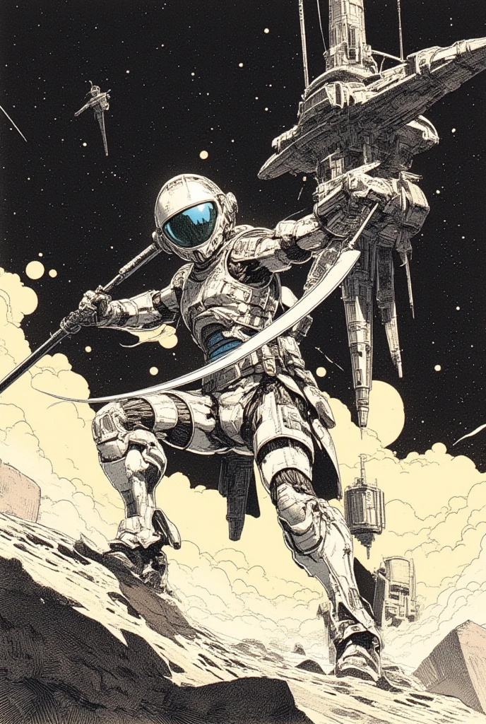    Space Warrior Swinging Down a Sword at a Space Station on a Different Planet , in a space base on a different planet, an ink drawing inspired by jean moebius giraud,  bolticism  , ( moebius ),   Moebius and the Mauve Hacker  , Moebius Style ,   Moebius illustration art  , in the stlye of moebius, Moebius Art   , Moebius Art  work,An ink painting inspired by a painting by Moebius , Star Wars Art Deco 