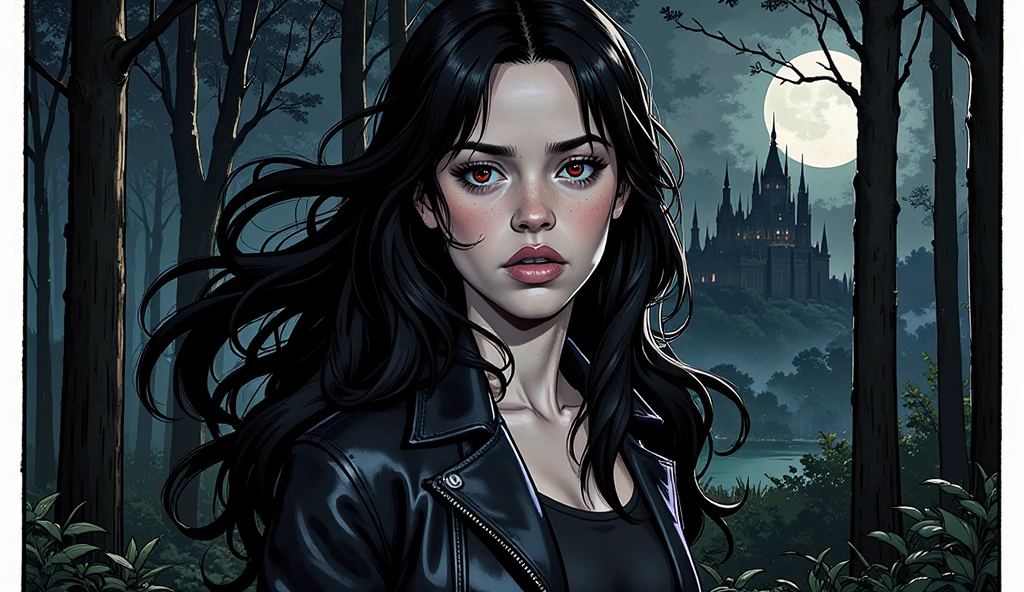 Illustration, wallpaper, masterpiece, close-up portrait of Jenna Ortega, as a vampire warrior, thin and athletic, small breasts, wearing a black leather jacket, standing alone in a dark forest during night, gothic landscape, castle, very dark, horrific, long black hair, red eyes, worried, high resolution, high definition, comics drawing with ink and watercolor, on white paper, white border, American comics, many details, black and white 