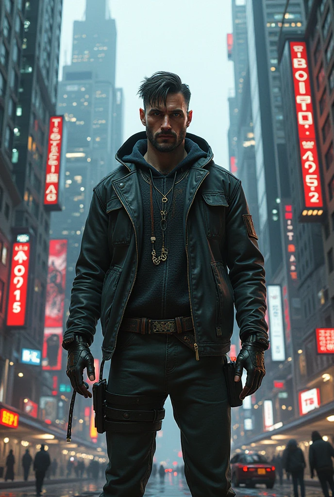 Professional photo in cyberpunk style, thigh-high photo, one man, metal skull, scar on face, metal torso, metal arms, old rusty armor, night city, neon lights, eye contact, looking at viewer, masterpiece, best quality, perfect  detail, perfect face detail, perfect eye detail, perfect skin detail, depth of field, perfect lighting
