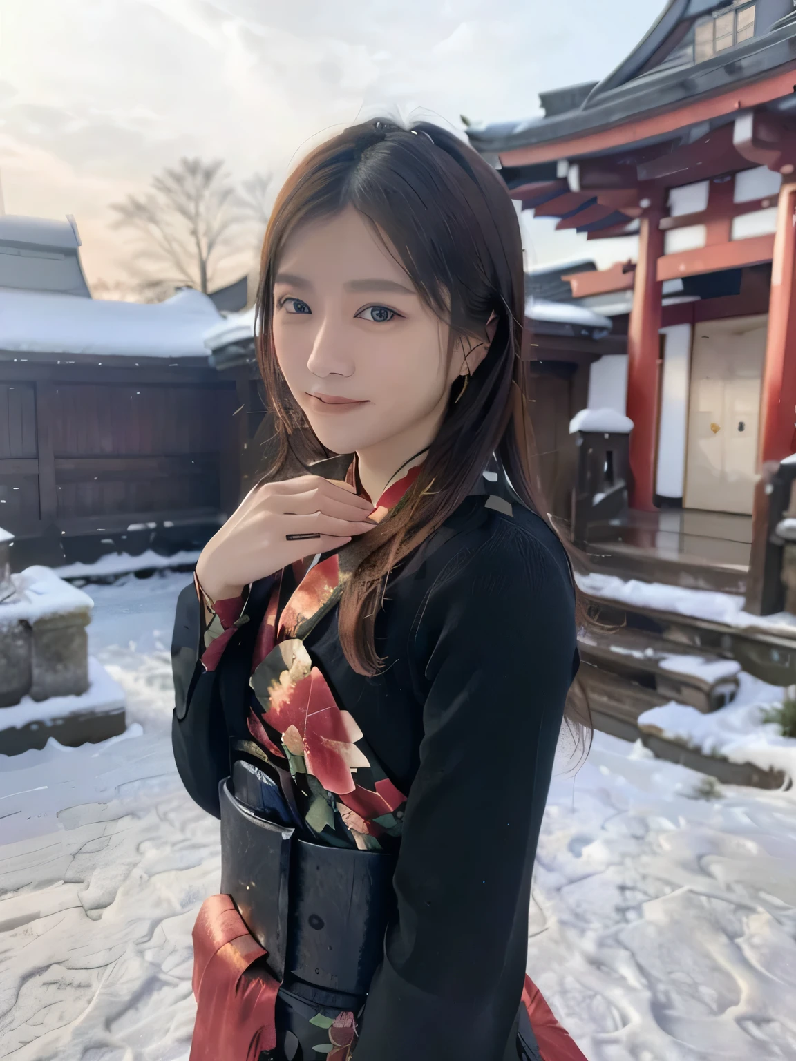 A breathtakingly beautiful 20-year-old woman with a slender physique, dressed in an elegant and luxurious black and red kimono suitable for the Japanese New Year. The background showcases a serene sunrise on New Year's Day, with a traditional Japanese shrine, snow-covered grounds, and vibrant red camellias in full bloom. The scene captures a harmonious blend of traditional beauty and the peaceful atmosphere of a snowy New Year's morning. smiles gently, FRIENDLY. ( RAW photos , top quality ), ( realistic, photo- realistic:1.4), masterpiece, extremely delicate and beautiful, extremely detailed, 2k wallpaper, amazing on the beach, detailed depiction , extremely detailed CG unity 8k wallpaper, Ultra Details, high res, Soft light, extremely detailed eyes and face, beautiful detailed nose, beautiful detailed eyes, cinematic lighting, Perfect Anatomy, slender body.