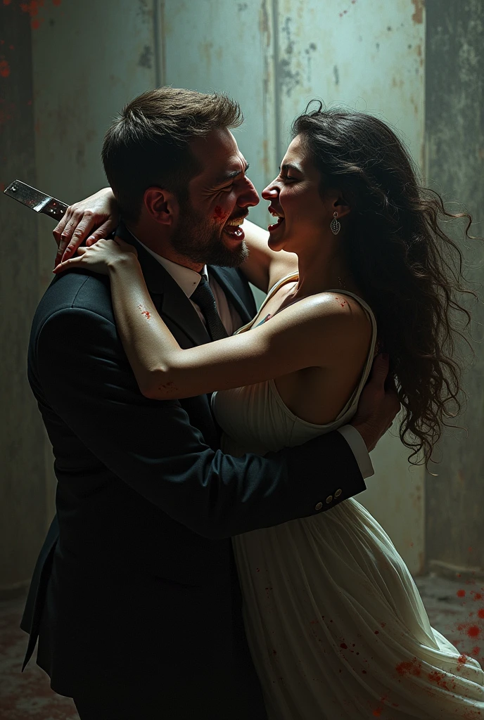 A Woman cut throat A man handsome neck bloody splash, blindfold, full body
