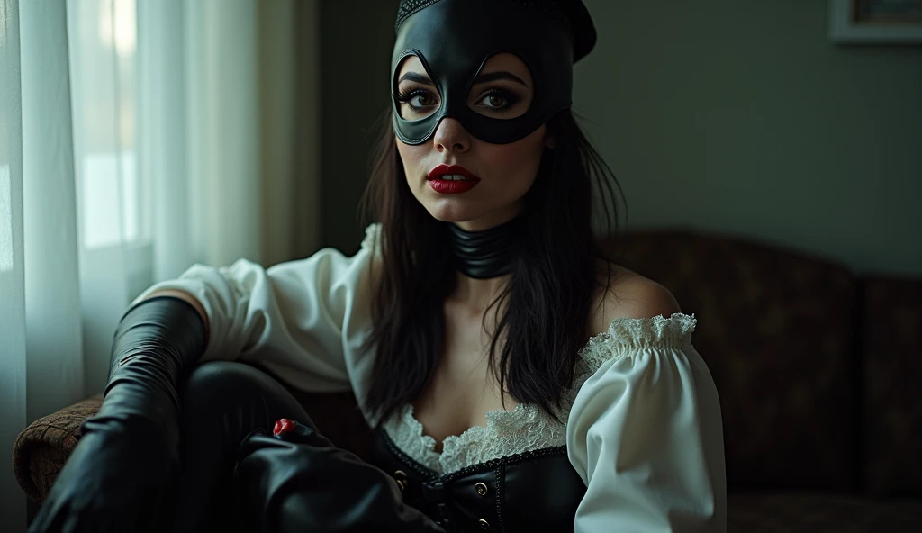 A woman wearing a bandit mask with eye and mouth holes, sitting confidently on a chair. Her pose is both mysterious and seductive, with the mask adding an intriguing element of danger. The setting highlights her sensuality, with her body language and the way she sits exuding both allure and confidence