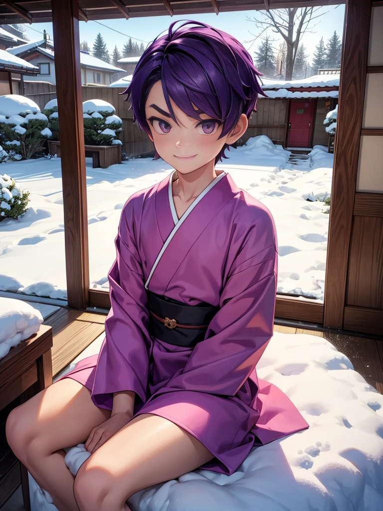 Nendoroid-style 3D SD character. Boy. Purple hair. Straight bobbed hair with little bounce. He has purple eyes with a glazed look. Thin, arched eyebrows. Eyebrows are lowered. Red cheeks. He is smiling with a sleepy look on his face. He is sitting on the porch of a Japanese-style room, watching the snow piling up in the garden.