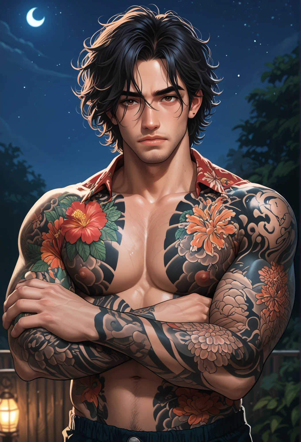 1men, calm expression, adult, muscular, body covered in tattoos (Tattoos on arms) (Tattoos on chest), (Tattoos on abdomen), (Tattoos on neck), Dark hair, messy hair, brown eyes, unbuttoned hawaiian shirt, (Night:1.4), portrait. score_9, score_8_up, score_7_up. 