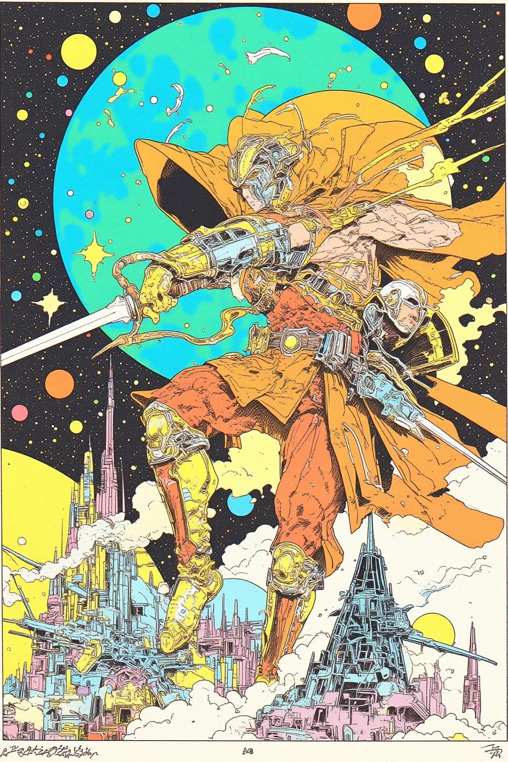    Space Warrior Swinging Down a Sword at a Space Station on a Different Planet , in a space base on a different planet, an ink drawing inspired by jean moebius giraud,  bolticism  , ( moebius ),   Moebius and the Mauve Hacker  , Moebius Style ,   Moebius illustration art  , in the stlye of moebius, Moebius Art   , Moebius Art  work,An ink painting inspired by a painting by Moebius , Star Wars Art Deco 