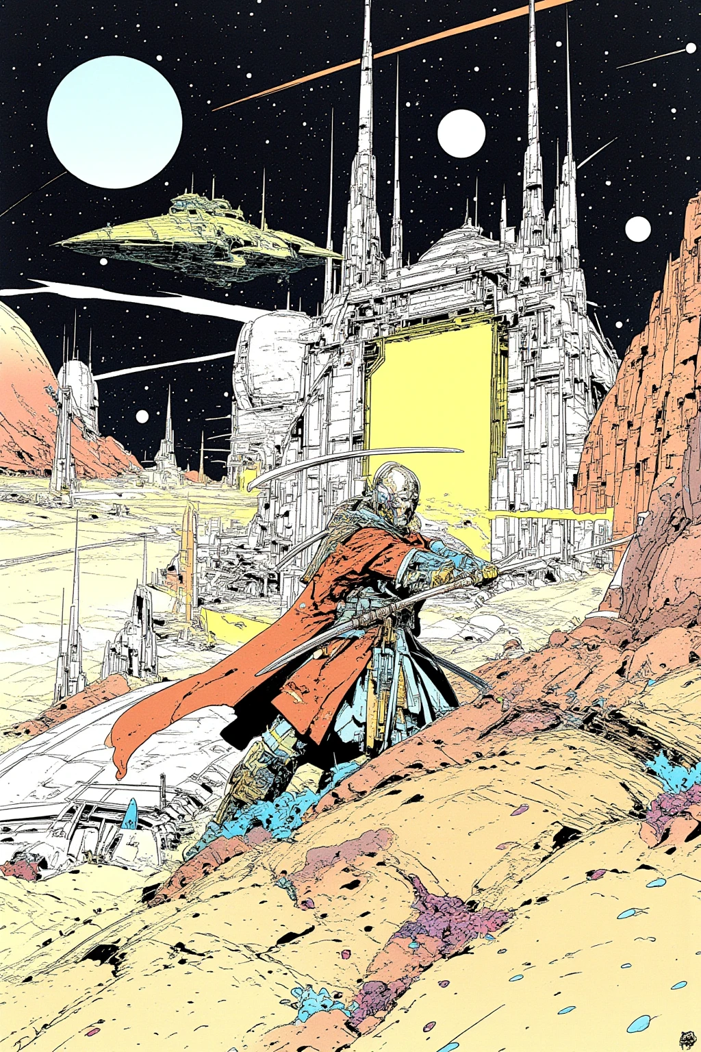    Space Warrior Swinging Down a Sword at a Space Station on a Different Planet , in a space base on a different planet, an ink drawing inspired by jean moebius giraud,  bolticism  , ( moebius ),   Moebius and the Mauve Hacker  , Moebius Style ,   Moebius illustration art  , in the stlye of moebius, Moebius Art   , Moebius Art  work,An ink painting inspired by a painting by Moebius , Star Wars Art Deco 