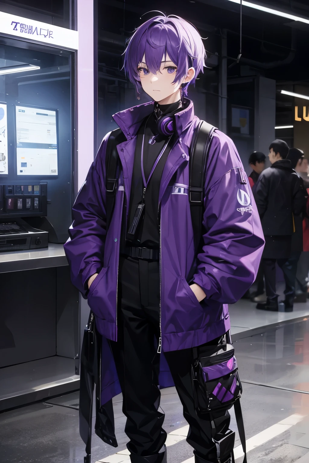 Men Wear Odd-Eye Headphones Around Their Neck, Purple Hair, Purple and Black Jersey, Long Sleeves, Long Pants, Full Length