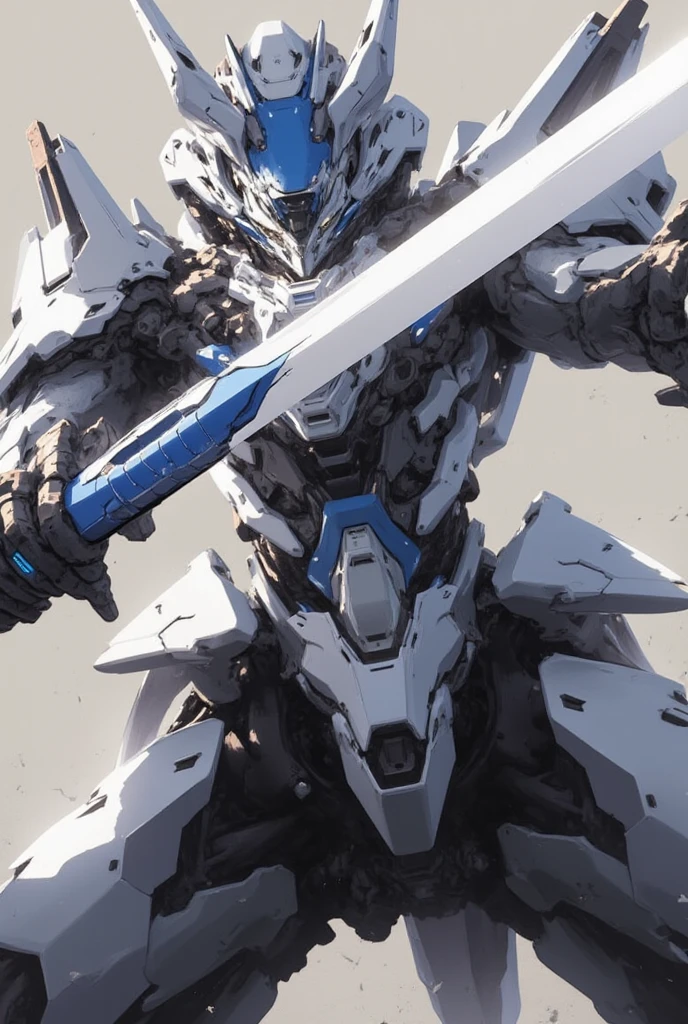 Score_9, Score_8_up, Score_7_up, highest quality, source_anime, highest quality, BREAK lion, robot, gladiator, face shield, horn, giant long sword, slash BREAK (from front), mecha, Mecha01, base color is white, accent color is light blue, slender, sharp, [hair], humanoid