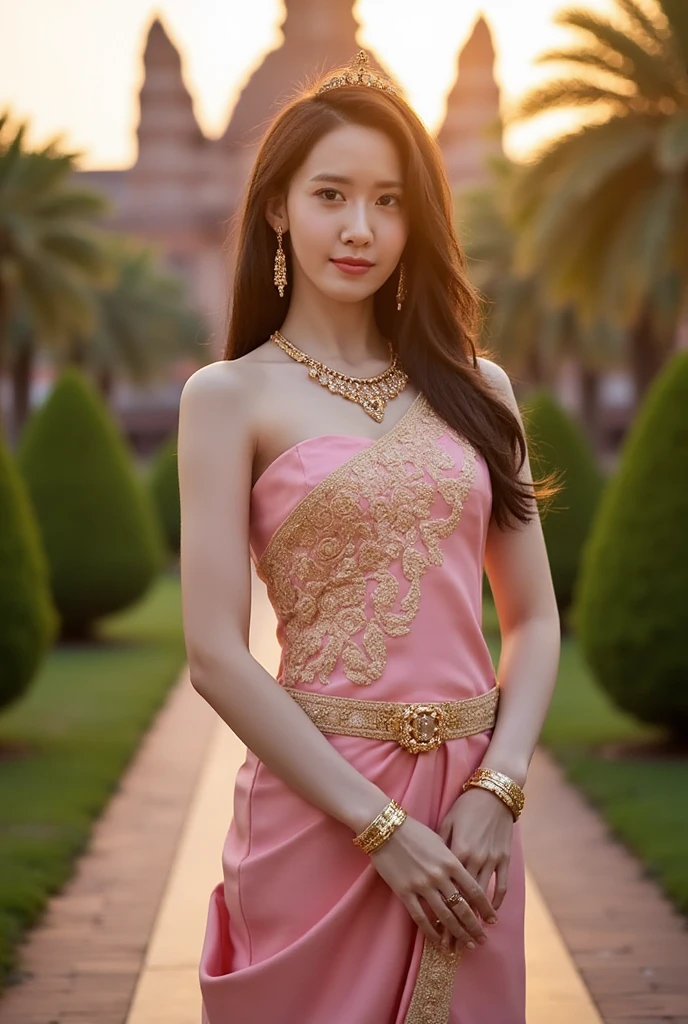 A photorealistic image of a stunning Thai woman with a sexy and elegant physique, wearing a luxurious traditional Thai costume in pink and gold tones. The costume is made of silk with intricate gold embroidery. She is adorned with detailed golden jewelry including a modern-style crown, necklace, bracelets, and earrings. Her skin has a natural glow with detailed texture, and her hairstyle is contemporary yet elegant. She is standing gracefully in front of a majestic Ayutthaya-style ancient temple, with realistic lighting, warm golden sunset hues, and lush greenery in the background. Captured with a high-definition DSLR camera, featuring a shallow depth of field and soft bokeh for a cinematic effect,realistic,full-body_portrait