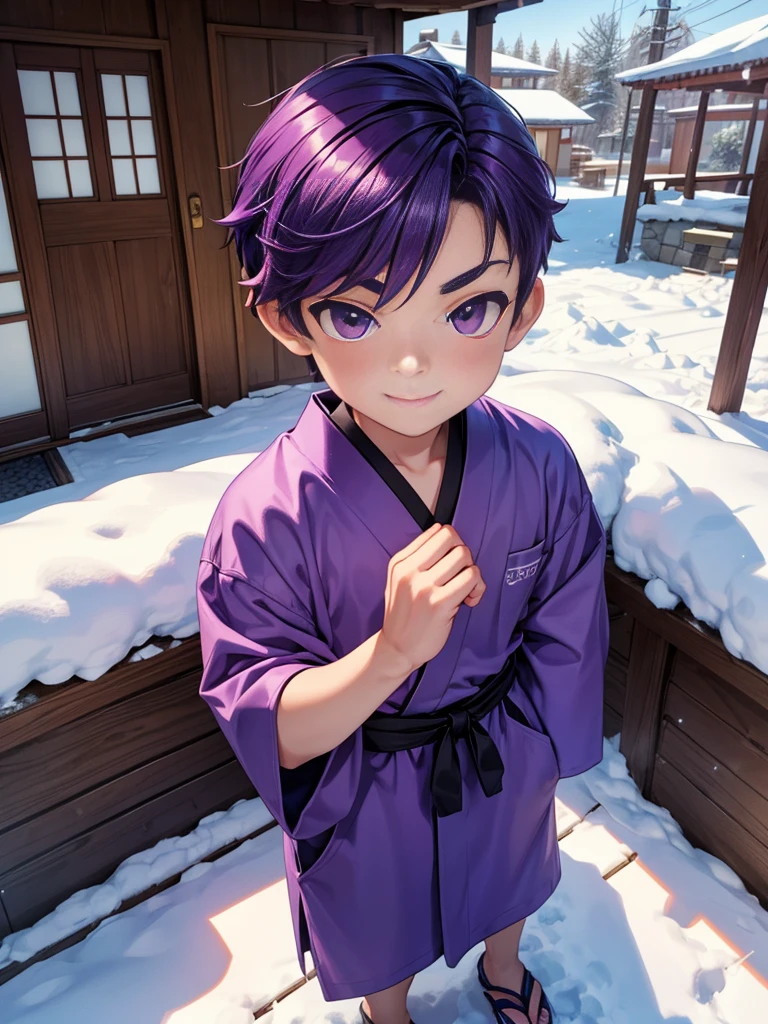 Nendoroid-style 3D SD character. Boy. Purple hair. Straight bobbed hair with little bounce. He has purple eyes with a glazed look. Thin, arched eyebrows. Eyebrows are lowered. Red cheeks. He is smiling with a sleepy look on his face. He is sitting on the porch of a Japanese-style room, watching the snow piling up in the garden.