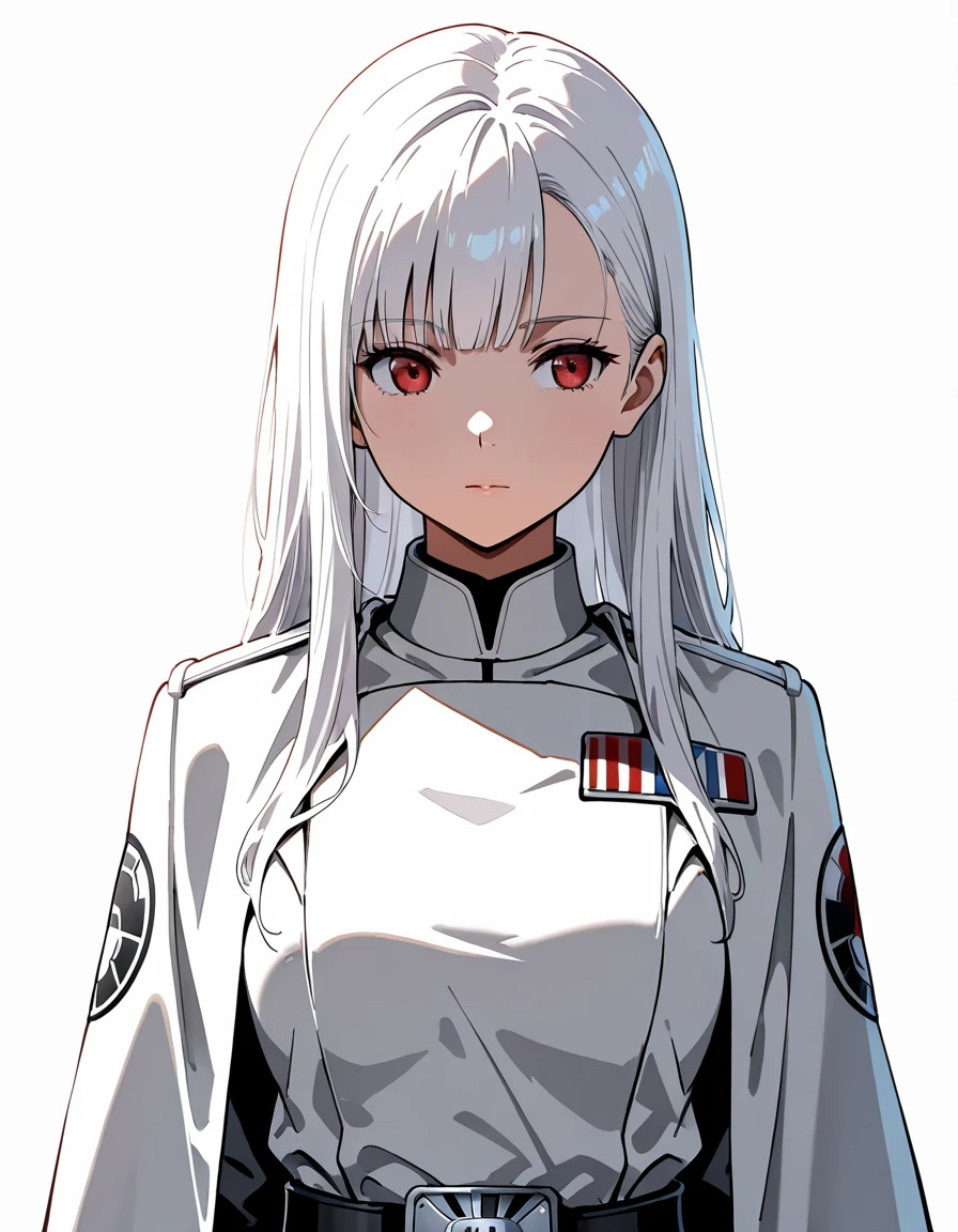 masterpiece,{{1girl}},white hair,red eyes,long hair,straight hair,Star Wars Galactic Empire White Military uniform,standing,{{simple background}},{{white background}},standing pose,facing front,anime,upper body,face forcus,shoulder cloak,{{{lighting forward}}},lighting front,face lighting,