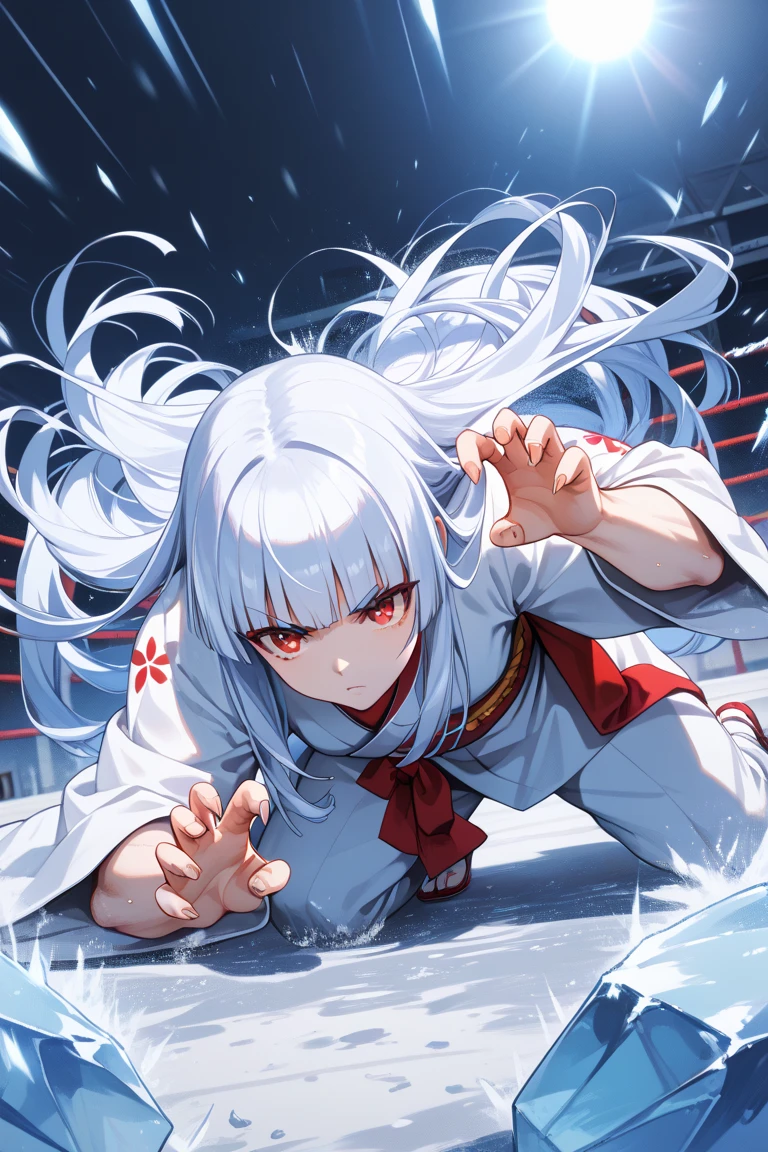 masterpiece,best quality,simple,minimalism,hime cut,beautiful mysterious japanese girl,(((straight white long hair))),troubled and groomed eyebrows,red eyes,slanted eyes,half opened eyes,white skin,white kimono red obi,ice and snowstorm background,(((fighting and claw pose))),posing like a beast,crawling all fours