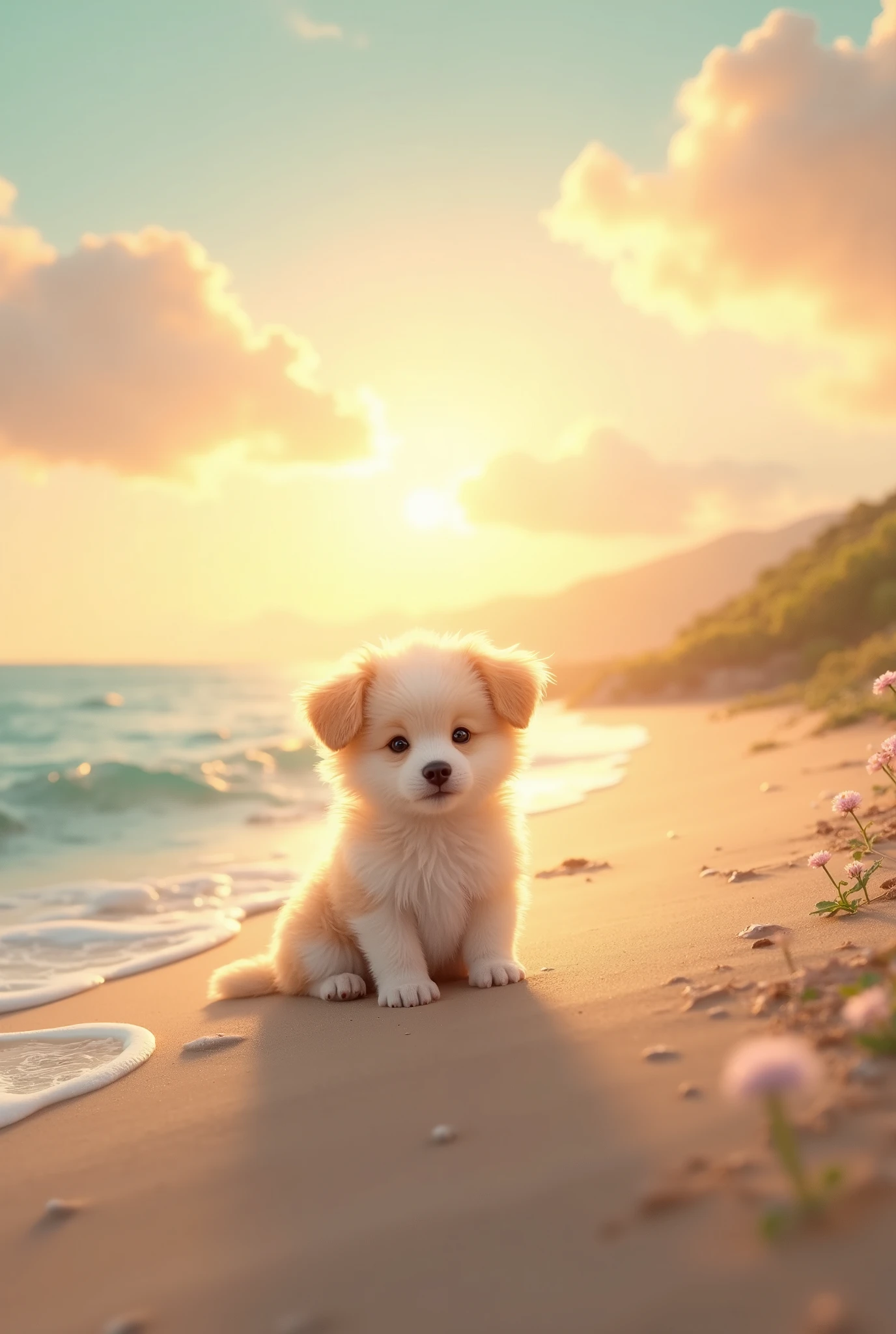 A cute puppy, a tranquil sunset over a calm ocean, golden rays reflecting on gentle waves, soft pastel clouds scattered across the sky, a silhouette of distant mountains on the horizon.