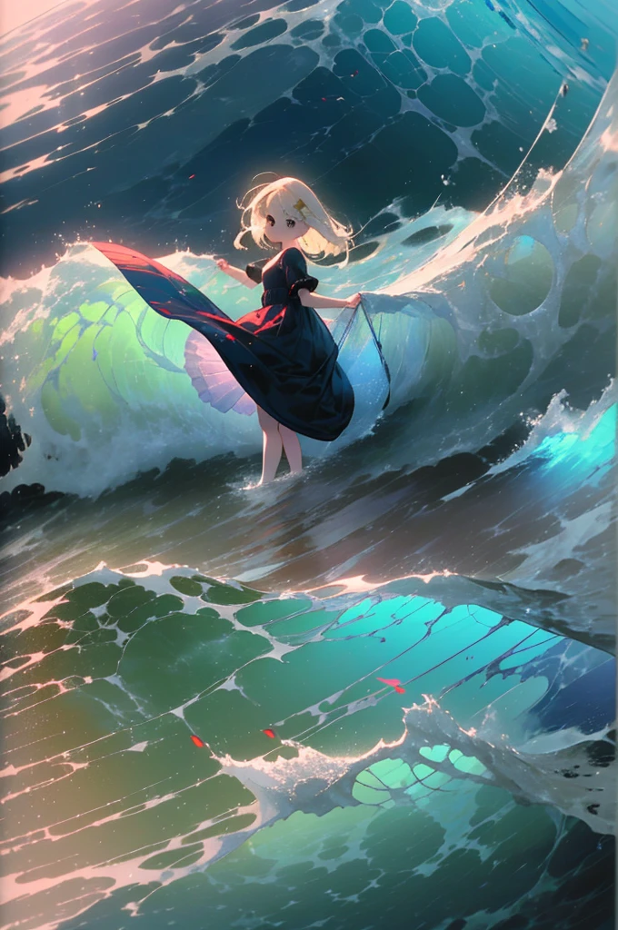 (8k,  super high quality , masterpiece:1.2),  super high res,  cute,  girl , solo, whole body, Blonde, Blue Eyes, Navy Blue Dress, Red floral pattern, Hawaiian Dress, sea,  like a ,  bright smile, soaked, whole bodyに水滴,  walking with hands on a cliff , Submersion, 