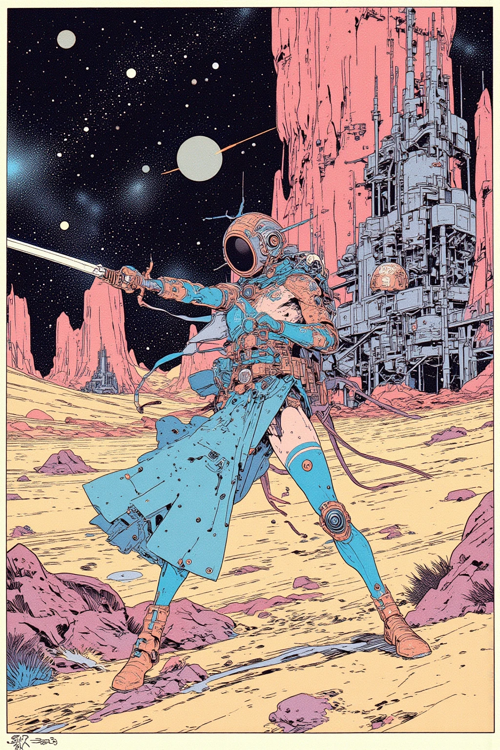    Space Warrior Swinging Down a Sword at a Space Station on a Different Planet , in a space base on a different planet, an ink drawing inspired by jean moebius giraud,  bolticism  , ( moebius ),   Moebius and the Mauve Hacker  , Moebius Style ,   Moebius illustration art  , in the stlye of moebius, Moebius Art   , Moebius Art  work,An ink painting inspired by a painting by Moebius , Star Wars Art Deco 