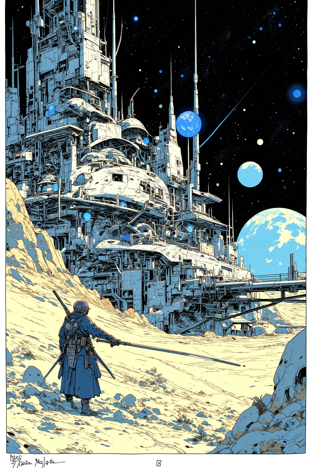    Space Warrior Swinging Down a Sword at a Space Station on a Different Planet , in a space base on a different planet, an ink drawing inspired by jean moebius giraud,  bolticism  , ( moebius ),   Moebius and the Mauve Hacker  , Moebius Style ,   Moebius illustration art  , in the stlye of moebius, Moebius Art   , Moebius Art  work,An ink painting inspired by a painting by Moebius , Star Wars Art Deco 