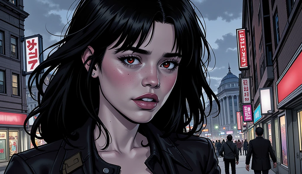 Illustration, wallpaper, masterpiece, close-up portrait of Jenna Ortega, as a vampire warrior, thin and athletic, small breasts, wearing a black leather jacket, walking in an american city during night, very dark, horrific, long black hair, red eyes, worried, high resolution, high definition, comics drawing with ink and watercolor, on white paper, white border, American comics, many details, black and white, cloudy night 