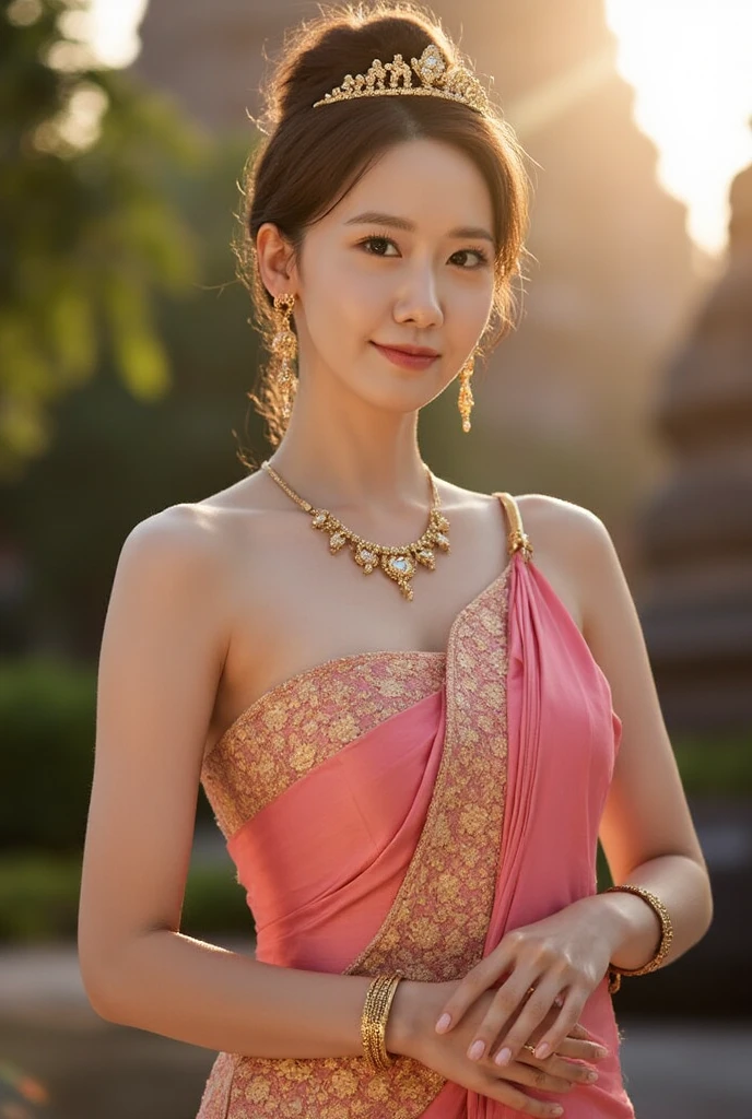 A photorealistic image of a stunning Thai woman with a sexy and elegant physique, wearing a luxurious traditional Thai costume in pink and gold tones. The costume is made of silk with intricate gold embroidery. She is adorned with detailed golden jewelry including a modern-style crown, necklace, bracelets, and earrings. Her skin has a natural glow with detailed texture, and her hairstyle is contemporary yet elegant. She is standing gracefully in front of a majestic Ayutthaya-style ancient temple, with realistic lighting, warm golden sunset hues, and lush greenery in the background. Captured with a high-definition DSLR camera, featuring a shallow depth of field and soft bokeh for a cinematic effect,realistic,full-body_portrait