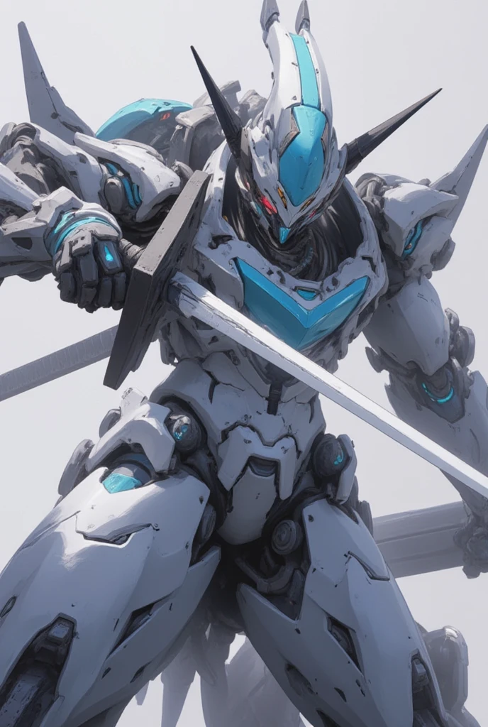 Score_9, Score_8_up, Score_7_up, highest quality, source_anime, highest quality, BREAK lion, robot, gladiator, face shield, horn, giant long sword, slash BREAK (from front), mecha, Mecha01, base color is white, accent color is light blue, slender, sharp, [hair], humanoid