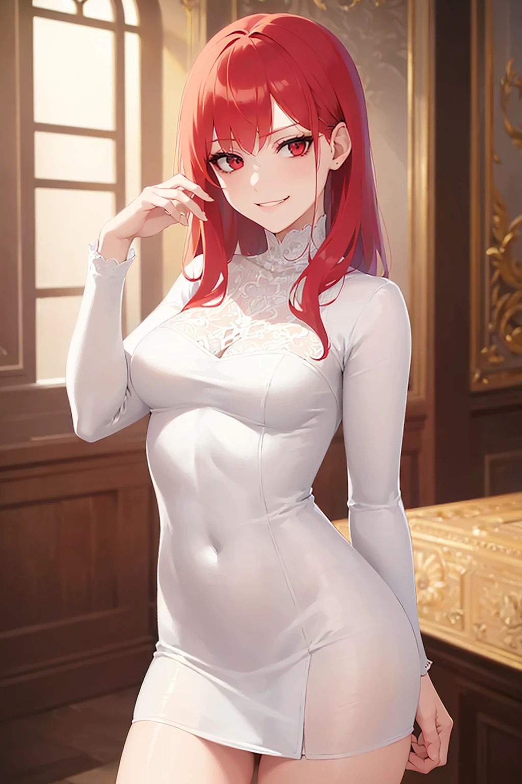 masterpiece, best quality, detailed, Masterpiece, Great detailed pictures
upper body,
hand on own face,
(pale skin: 1.2), shiny skin, shiny hair, (25-year-old woman) and (medium hair) and (red hair) and (red eyes),
(white) and (long sleeve lace fabric dress),
(smirk:1.3),
inside Luxury party venue,
alone, standing.