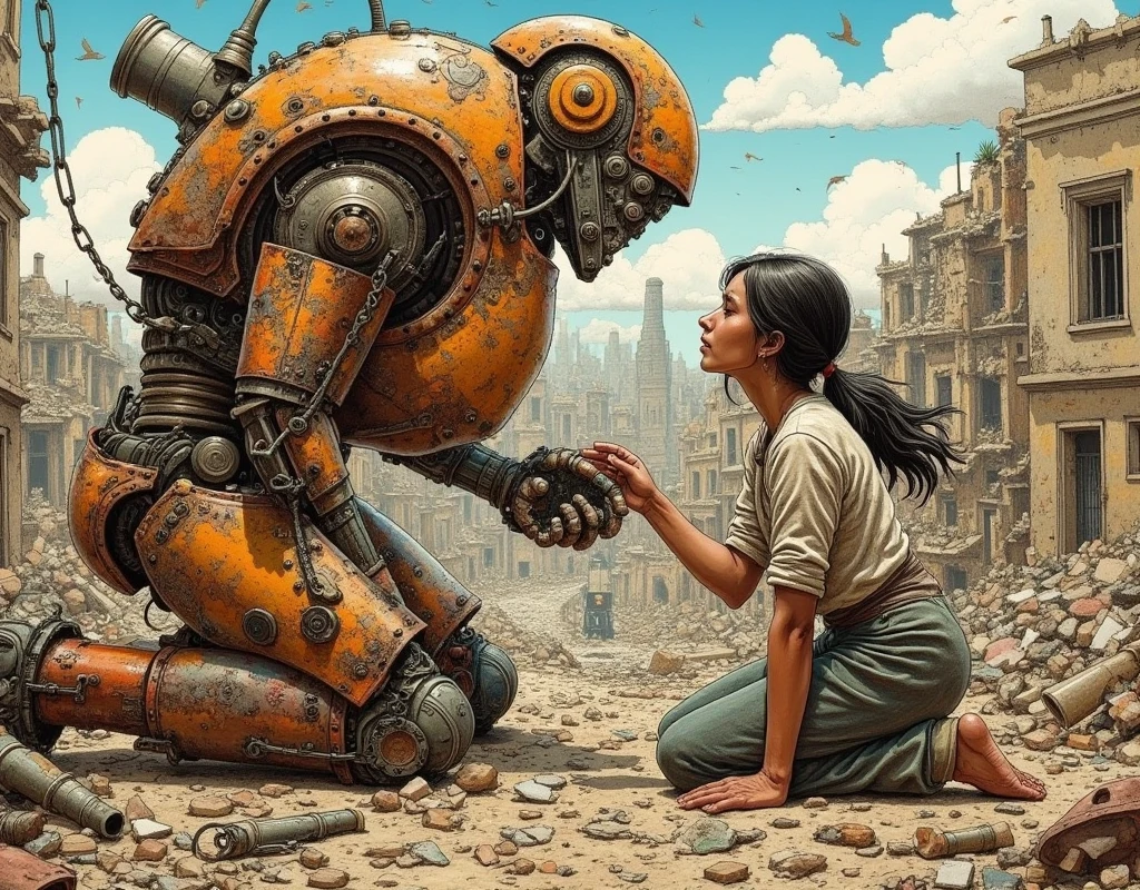 (masterpiece,top quality :1.2),(Strong handwritten illustrations,painted in faded colors),(((Details of the ragged robot with missing parts))), gladiator of the robot after the battle,that has huge rusted weapon,(((short-circuit sparks))),the robot is kneel down in front of one human woman, (she is wearing shabby clothes and barefoot,she crying and look down,her hand touches the robot),focus on the her sad expression,dusted huge weapons, ash covered metallic texture,broken building and flying debris,Background Blur,Cinematic Light Effects,