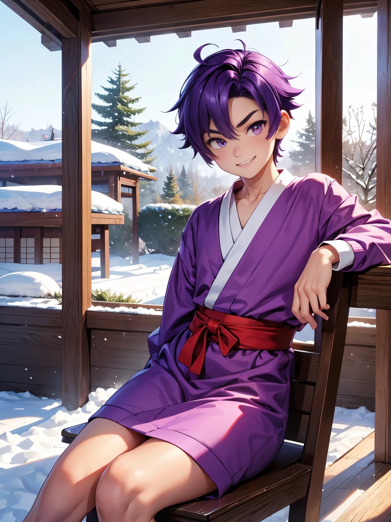 Nendoroid-style 3D SD character. Boy. Purple hair. Straight bobbed hair with little bounce. He has purple eyes with a glazed look. Thin, arched eyebrows. Eyebrows are lowered. Red cheeks. He is smiling with a sleepy look on his face. He is sitting on the porch of a Japanese-style room, watching the snow piling up in the garden.