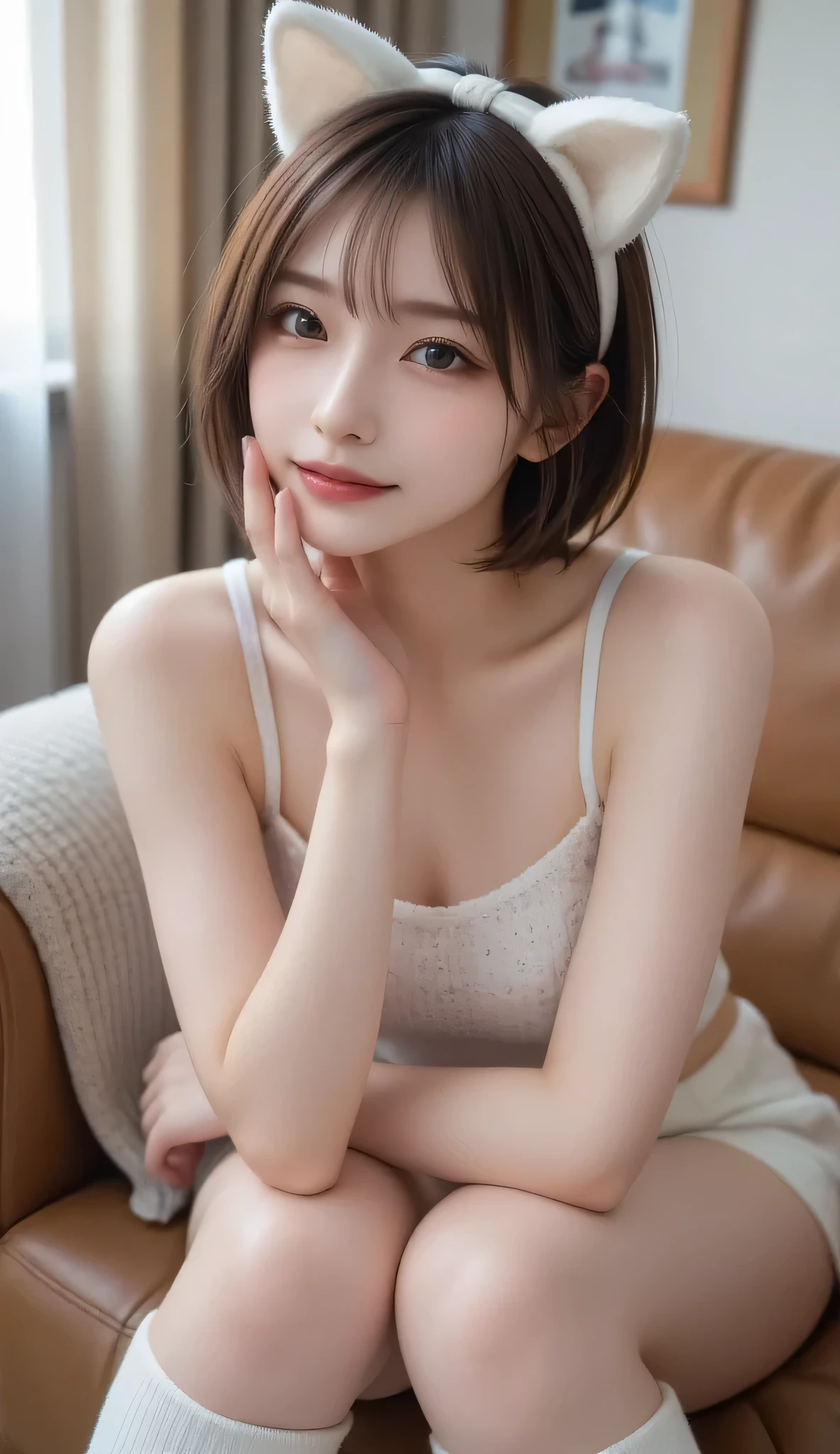 close up shot、look at the camera、cute⦅smile 1.6⦆(high quality, High resolution, Super detailed, realistic:1.37),With bangs、⦅blonde⦆、18-year-old、(bob cut hair)、1 girl、、korean woman、beautiful girl、well-groomed face、cute、In pajamas、sit on the bed
