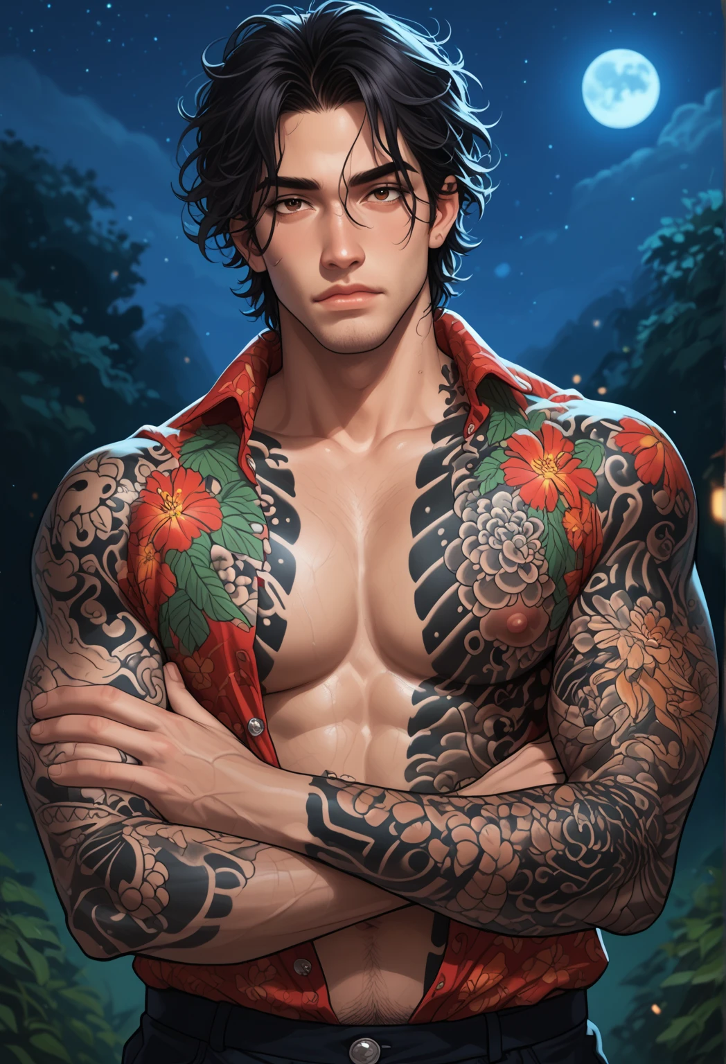 1men, calm expression, adult, muscular, body covered in tattoos (Tattoos on arms) (Tattoos on chest), (Tattoos on abdomen), (Tattoos on neck), Dark hair, messy hair, brown eyes, unbuttoned hawaiian shirt, (Night:1.4), portrait. score_9, score_8_up, score_7_up. 