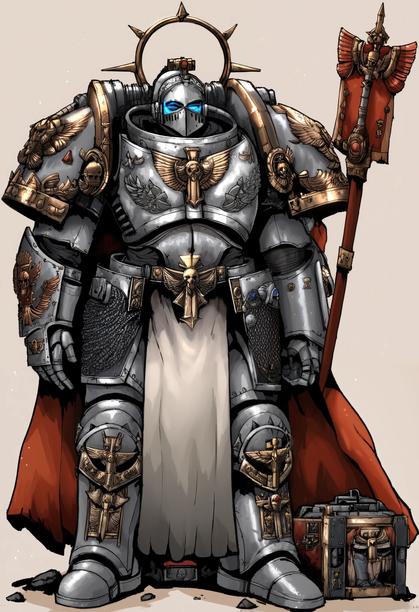 Anime, Concept art, Absurd resolution, high resolution, (masterpiece: 1.4), hyper-detail, warhammer 40k terminator armor, Juggernaut armor, heavy armor, knight, crusader, full body, glowing weapon, cloak, silver armor, edgy, grimdark, octosoup, 1man, bulky, buff, red plume, loin cloth, crusade helmet, reference sheet, iron halo, grey knight, space marine, greyK40k,