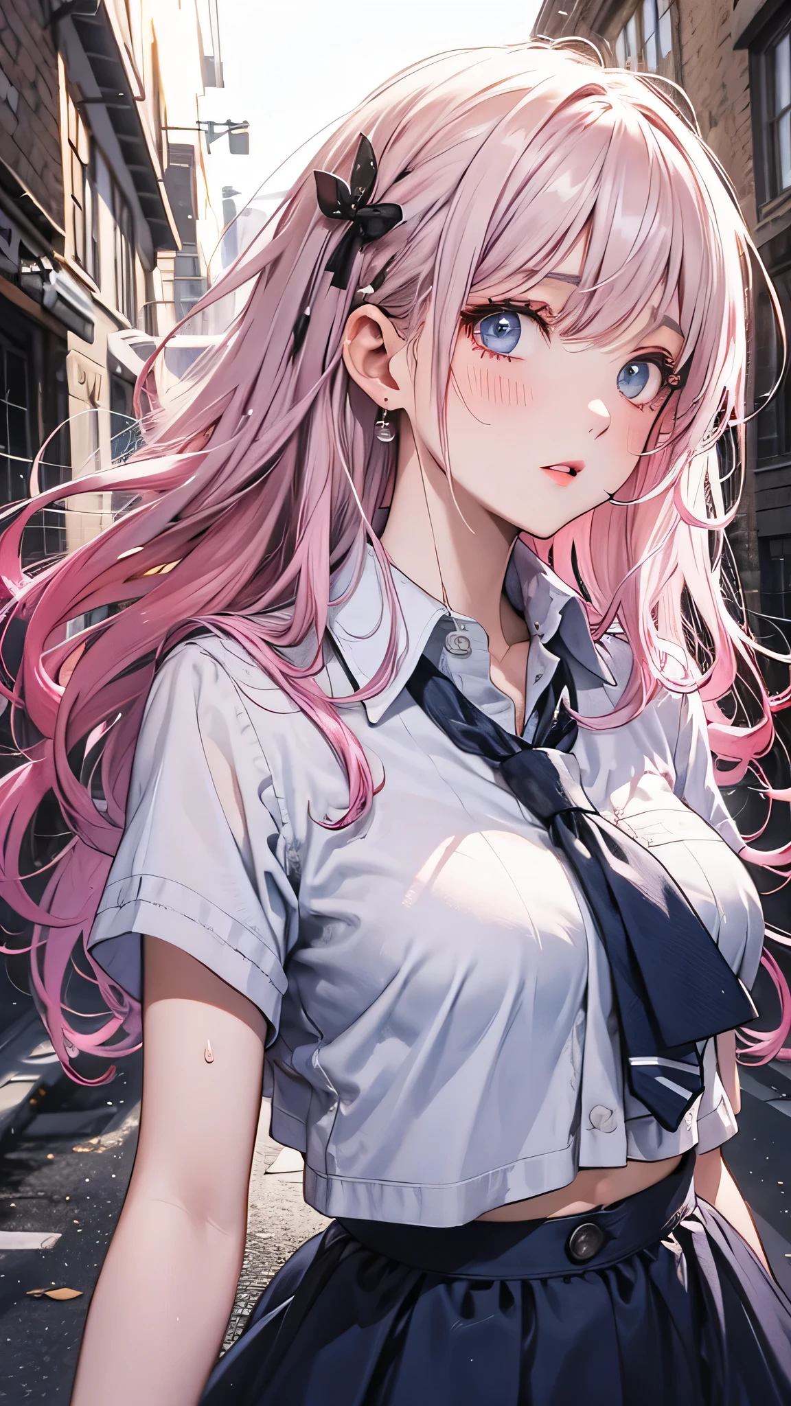 (masterpiece:1.3, top-quality, ultra high res, ultra detailed), (realistic, photorealistic:1.4), beautiful illustration, perfect lighting, natural lighting, colorful, depth of fields, surrealism,
beautiful detailed hair, beautiful detailed face, beautiful detailed eyes, beautiful clavicle, beautiful body, beautiful chest, beautiful thigh, beautiful legs, beautiful fingers, shiny skin, 
looking at viewer, 1 girl, japanese, high school girl, (perfect anatomy, anatomically correct, super detailed skin), cute and symmetrical face, babyface, perfect face, perfect eyes, slender, 
(long hair:1.8, straight hair, pastel pink hair), blunt bangs, maroon eyes, slant eyes, long eye lasher, (medium breasts, seductive thighs), 
((detailed cloth texture, white collared shirt, break,break, closed dark brown suit vest, break,break, dark red plaid pleated mini skirt, break,break,break, dark red neck ribbon)), 
(beautiful scenery), evening, (outside high school), walking, (lovely smile, upper eyes, parted lips),