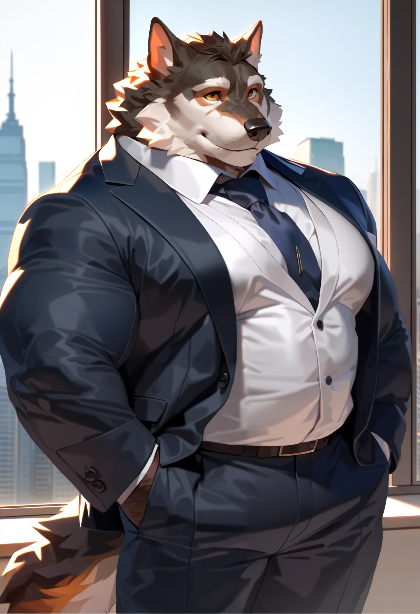 solo, 1boy, Muscular Old man, furry wolf, wearing suits, luxury, office, wide shoulder, pectoral, thick arms, huge pectoral, wide pectoral, city background, short hair, simple background, masterpiece, semirealistic:1.2, high detailed, 8k, high resolution, happy