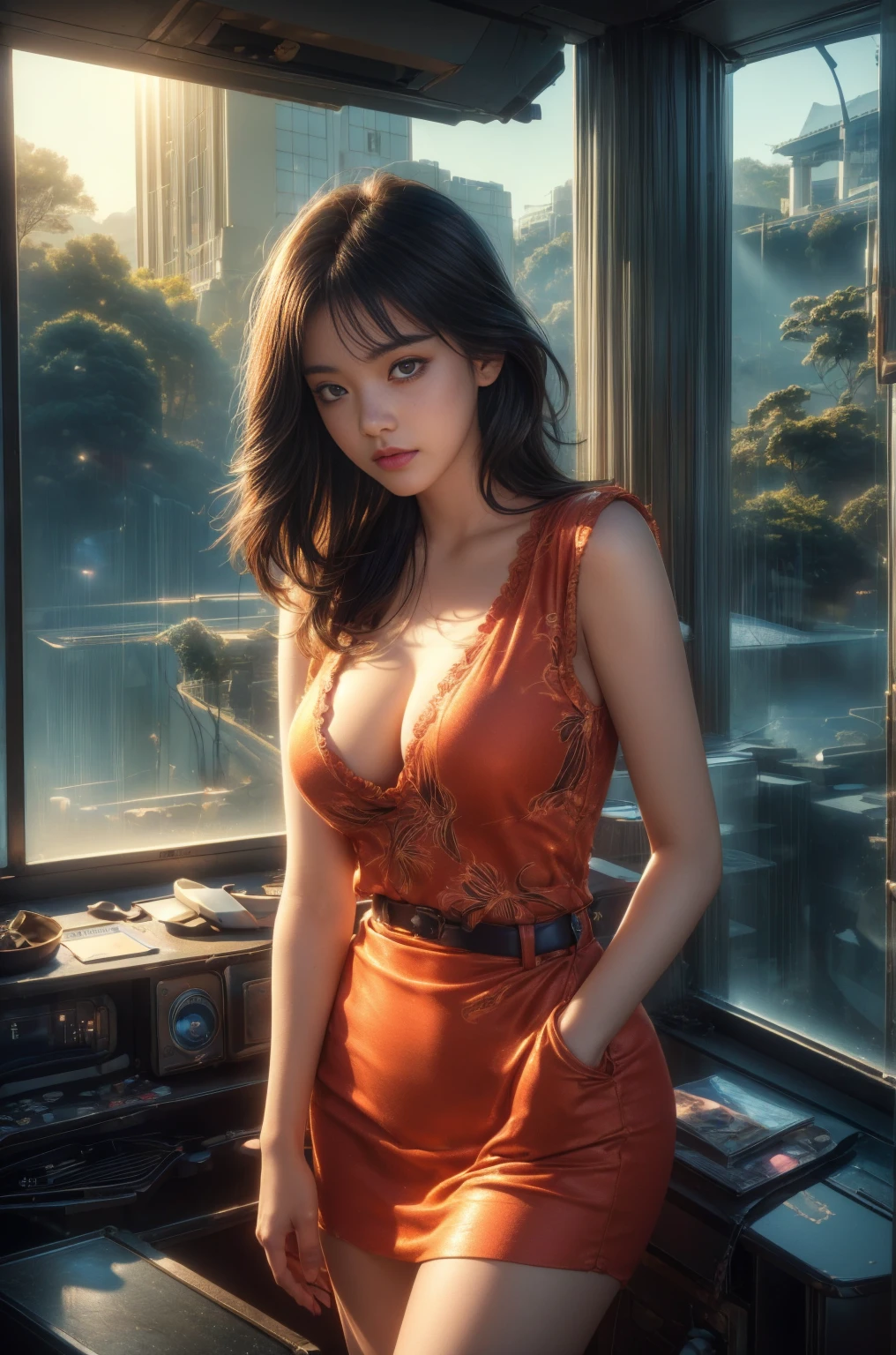 Ace, 4k, High Resolution, Masterpiece, Best Quality, Head: 1.3, (Korean K-pop Idol), Delicate Skin, Sharp Focus, (Cinema Lighting), Clavicle, Morning, Soft Light, Dynamic Angle, [:(detailed face:1.2):0.2], armpit wrinkles, thigh gap, red dress, slim, mid-chest, cleavage, full body,