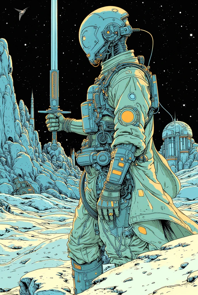    Space Warrior Swinging Down a Sword at a Space Station on a Different Planet , in a space base on a different planet, an ink drawing inspired by jean moebius giraud,  bolticism  , ( moebius ),   Moebius and the Mauve Hacker  , Moebius Style ,   Moebius illustration art  , in the stlye of moebius, Moebius Art   , Moebius Art  work,An ink painting inspired by a painting by Moebius , Star Wars Art Deco 