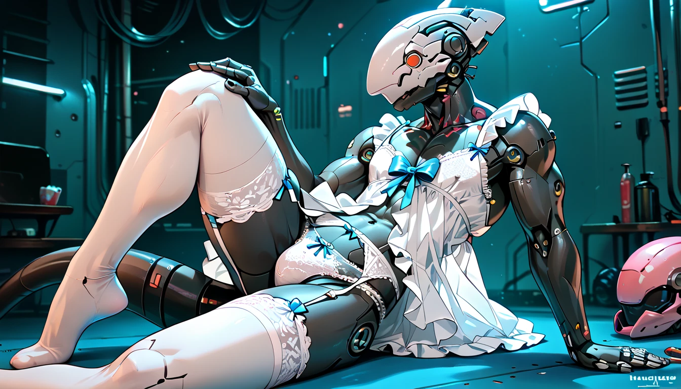 score_9, score_8_up, score_7_up, (cyberpunk room background), ((cyborg:1.2), anthro, male, muscle, pale, (((noface))), white lace nightgown, white lace knee-high stockings, ((white lace panties)), beautiful), 1 person, white lace garter belt, light blue ribbon, black body, star night, robot helmet head,