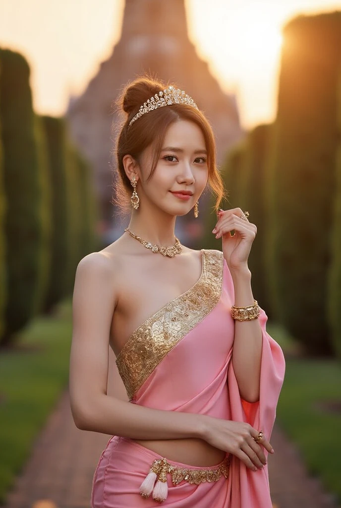 A photorealistic image of a stunning Thai woman with a sexy and elegant physique, wearing a luxurious traditional Thai costume in pink and gold tones. The costume is made of silk with intricate gold embroidery. She is adorned with detailed golden jewelry including a modern-style crown, necklace, bracelets, and earrings. Her skin has a natural glow with detailed texture, and her hairstyle is contemporary yet elegant. She is standing gracefully in front of a majestic Ayutthaya-style ancient temple, with realistic lighting, warm golden sunset hues, and lush greenery in the background. Captured with a high-definition DSLR camera, featuring a shallow depth of field and soft bokeh for a cinematic effect,realistic,full-body_portrait , tie bun hair 