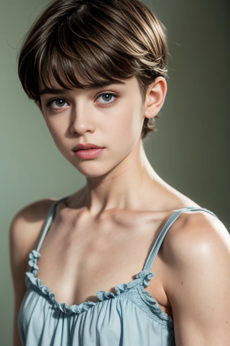 (best quality, highres, hyperrealistic, 8k:1.2), teenager, fifteen years old, shy, sad, paleness, big blue eyes, very white skin, small nose, short brown hair with bangs, melancholy, beautiful, soft warm tones, delicate lighting, garden Of white roses, Barcelona, sagrada familia.
