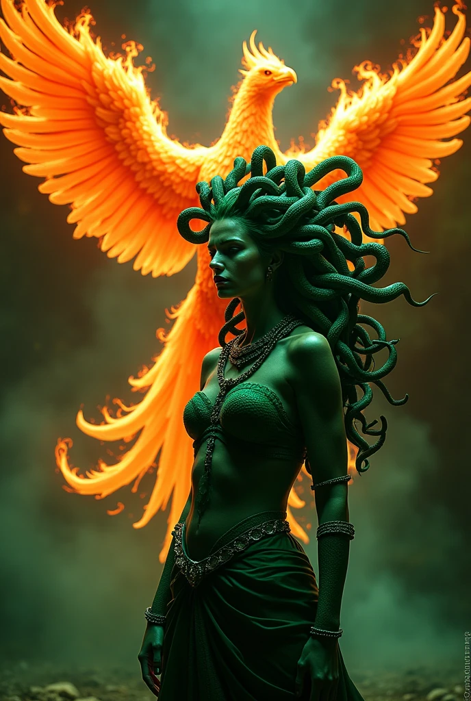 I want the Medusa to be very scary and fierce, with penetrating gaze, green and spitting venom from her snakes and behind her a phoenix, showing how it is reborn from its ashes and with its soul very extended and with fire wings and let both beings have a shine that their brightness is noticeable, let's say the Medusa's green and the phoenix's firelight yellow.On the contrary, the giant phoenix and the medusa should appear very large and with a bold pose., that the phoenix behind her is more noticeable and with fire wings, that the fire is very noticeable