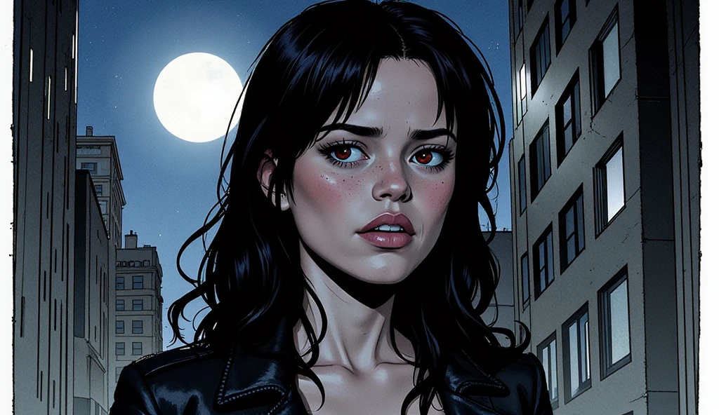 Illustration, wallpaper, masterpiece, close-up portrait of Jenna Ortega, as a vampire warrior, thin and athletic, small breasts, wearing a black leather jacket, walking in an american city during night, very dark, horrific, long black hair, red eyes, worried, high resolution, high definition, comics drawing with ink and watercolor, on white paper, white border, American comics, many details, black and white, moonlighting night, dark shadows