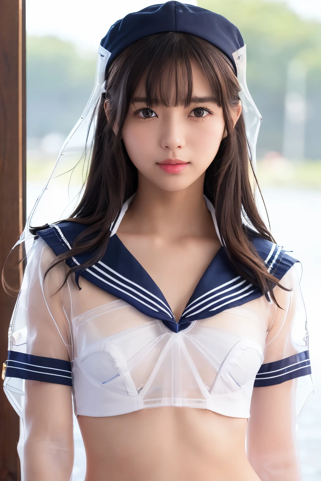 (Best image quality、highest quality、Highest Resolution、masterpiece、detailed、Actual Photos)、
(((A see-through mesh sailor suit)))、
One Japanese girl、
Cute Japanese Girl、
Beautiful Japan girl at 18 years old、
Slender figure、
Small breasts、
ponytail、
The girl is facing the photographer、
whole body、
Sexy pose、
She attracts the attention of men at an outdoor cafe along the California coast.、