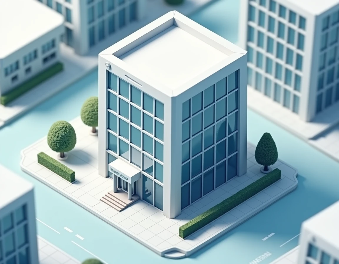 an isometric view of a single office builiding like the middle one