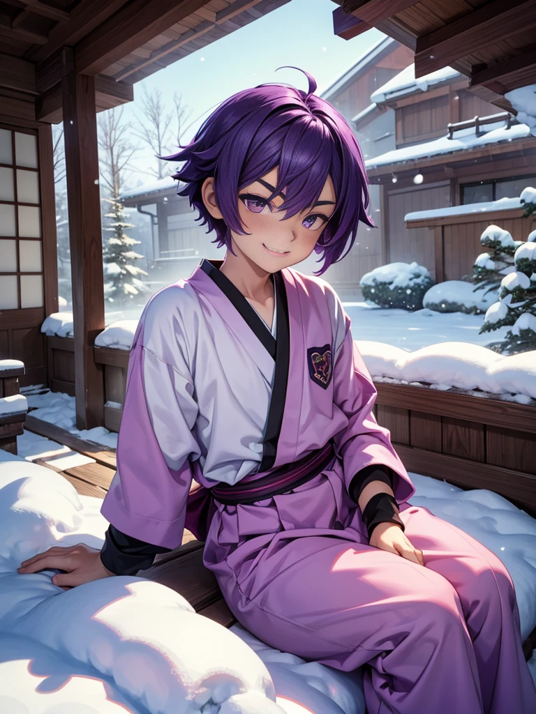 Nendoroid-style 3D SD character. Boy. Purple hair. Straight bobbed hair with little bounce. He has purple eyes with a glazed look. Thin, arched eyebrows. Eyebrows are lowered. Red cheeks. He is smiling with a sleepy look on his face. He is sitting on the porch of a Japanese-style room, watching the snow piling up in the garden.