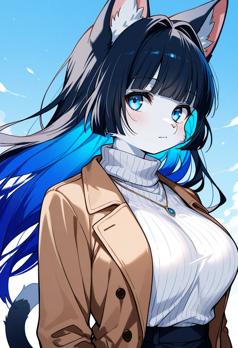 1girl, (furry, kemono:1.5), cat girl, animal nose, catears, cat tail, long hair, blue eyes, breasts, hair intakes, large breasts, floating hair, blue hair, black hair, colored inner hair, very long hair, multicolored hair, blunt bangs, turtleneck, jacket, sweater, turtleneck sweater, shirt, looking to the side, coat, solo, official alternate costume, official alternate hairstyle, open clothes, blue background, upper body, brown coat, white shirt, closed mouth, white sweater, jewelry, brown jacket, wind, masterpiece, best quality, very aesthetic, absurdres,