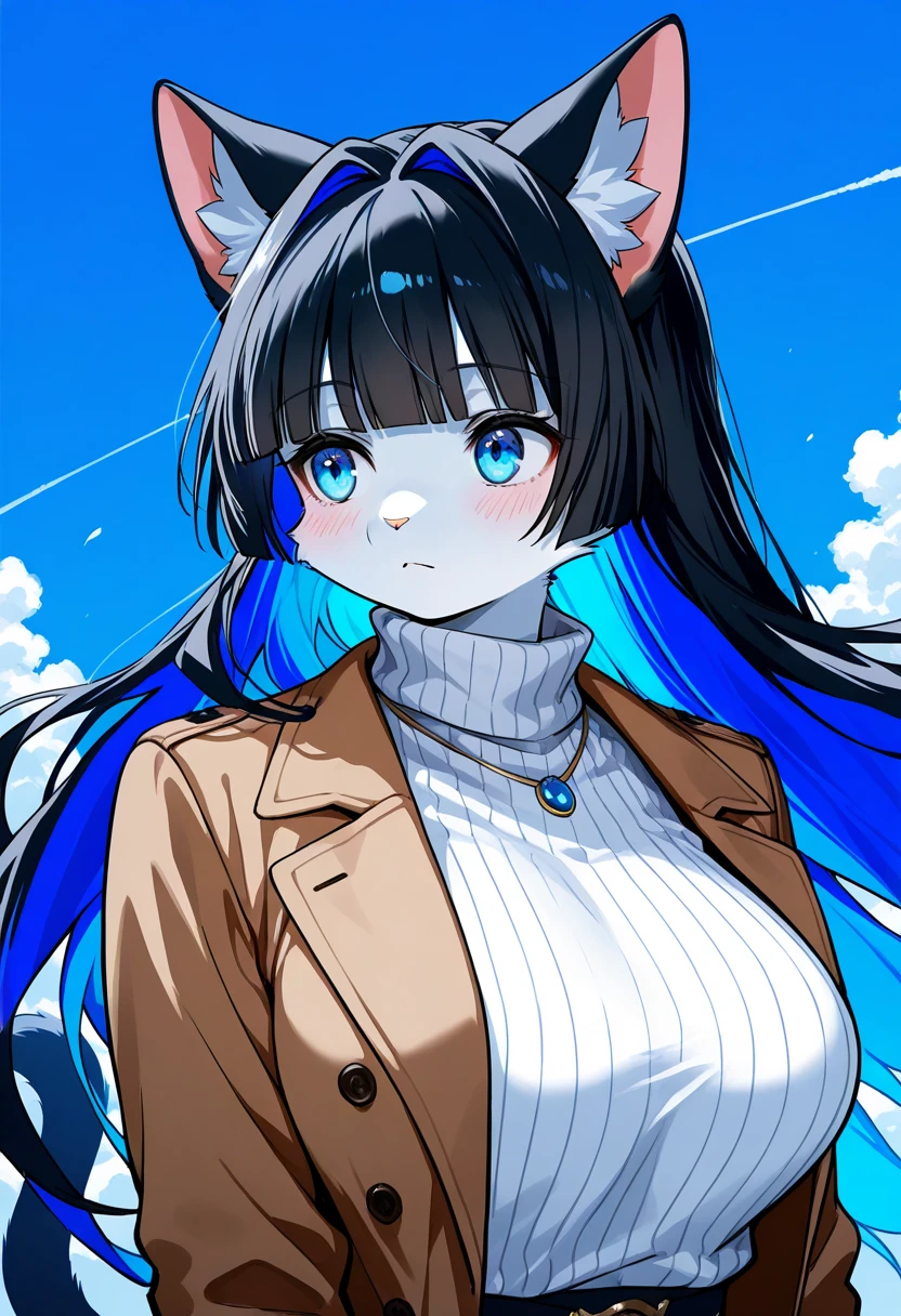 1girl, (furry, kemono:1.5), cat girl, animal nose, catears, cat tail, long hair, blue eyes, breasts, hair intakes, large breasts, floating hair, blue hair, black hair, colored inner hair, very long hair, multicolored hair, blunt bangs, turtleneck, jacket, sweater, turtleneck sweater, shirt, looking to the side, coat, solo, official alternate costume, official alternate hairstyle, open clothes, blue background, upper body, brown coat, white shirt, closed mouth, white sweater, jewelry, brown jacket, wind, masterpiece, best quality, very aesthetic, absurdres,