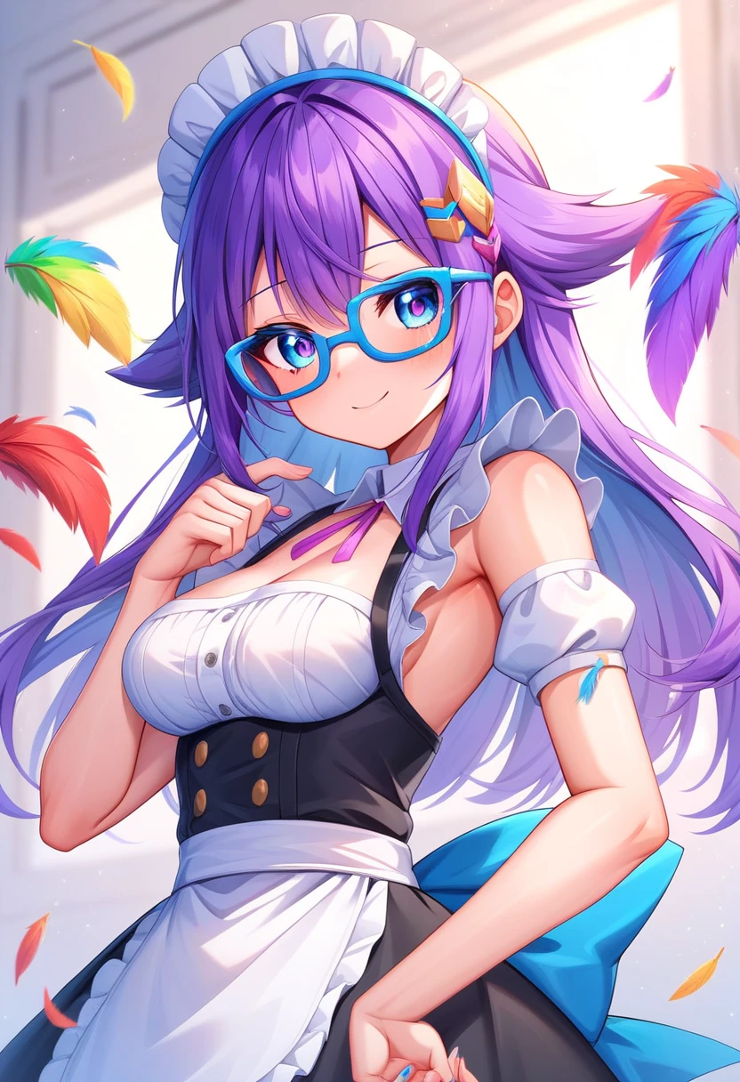 (masterpiece, highly detailed, cinematic lighting, vibrant colors) A confident and playful woman with long purple hair styled in soft curls, transitioning into a subtle pink gradient at the tips. She is wearing a classic black-and-white maid outfit, complete with a white frilled headpiece, paired with bold red-rimmed glasses that exude personality and charm. The composition is a half-body shot, focusing on her confident smile and sharp, knowing eyes. Her pose emphasizes her strong "big sister" energy: one hand resting on her hip while the other lightly holds a feather duster with colorful, fluffy feathers, playfully tilted at an angle. Her mischievous smile hints at her playful nature, while her arched eyebrow and slightly tilted head exude a sense of authority and charisma. The background is blurred, hinting at a cozy kitchen or parlor environment with warm lighting, enhancing her approachable yet commanding aura. dutch angle portrait.