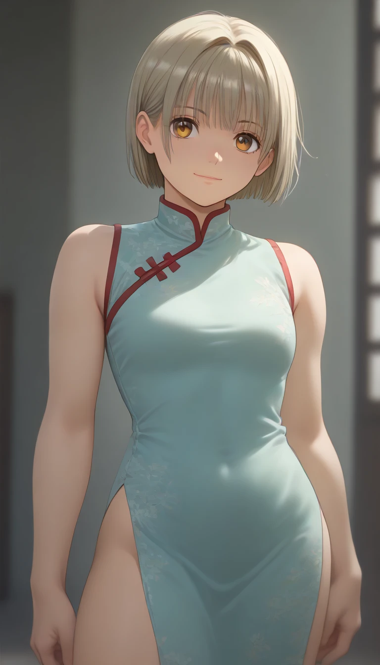 Fujifilm, UHD, masterpiece, textured skin, high details, best quality, highres, 8k, 16k    score_9, score_8_up, score_7_up,      ((((Nishino Tsukasa))))  (((((blond hair bob cut ))))) light smile  chinese dress small 