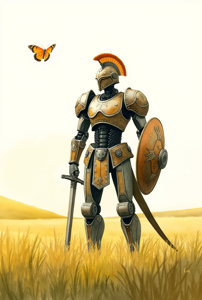 Watercolor painting, A robot gladiator staring at a flying butterfly, (Armor: Metallic and robust, with shoulder guards, chest plate, and leg armor that resemble ancient Roman gladiator gear. Helmet: A distinctive helmet with a visor or plume, akin to those worn by traditional gladiators. Weapons: A large long sward in one hand, and a shield in the other, both with intricate designs.) In the warm spring sunshine, in the middle of a wide field