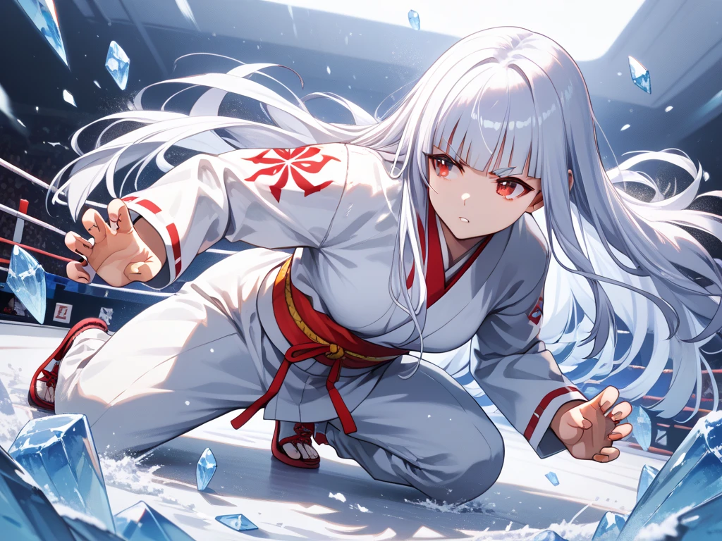 masterpiece,best quality,simple,minimalism,hime cut,beautiful mysterious japanese girl,(((straight white long hair))),troubled and groomed eyebrows,red eyes,slanted eyes,half opened eyes,white skin,white kimono red obi,ice and snowstorm background,(((fighting and claw pose))),posing like a beast,crawling all fours