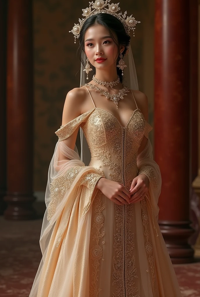 A strikingly elegant modern haute couture dress, meticulously designed and crafted. The dress flourishes with intricate details, featuring delicate lace embellishments and shimmering sequins that catch the light effortlessly. The image, a high-resolution photograph, showcases the dress in all its glory, capturing every impeccable stitch and capturing the meticulous artistry of the designer. This visually stunning masterpiece portrays the dress as a true work of art, radiating opulence and refinement.