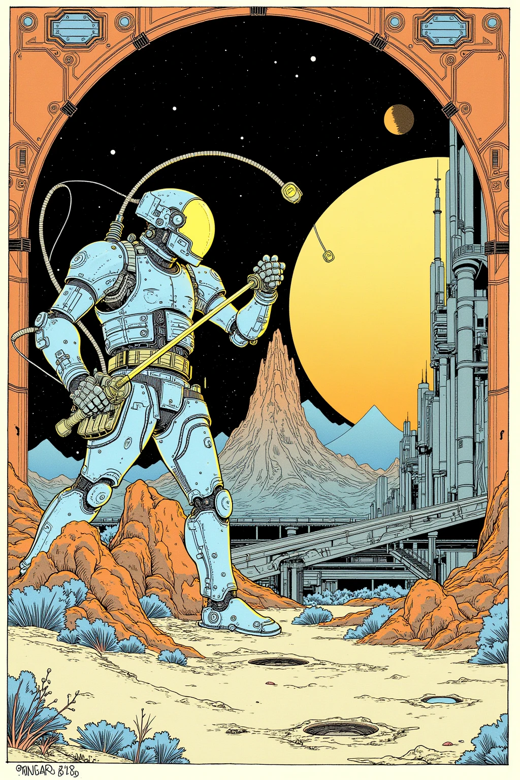    Space Warrior Swinging Down a Sword at a Space Station on a Different Planet , in a space base on a different planet, an ink drawing inspired by jean moebius giraud,  bolticism  , ( moebius ),   Moebius and the Mauve Hacker  , Moebius Style ,   Moebius illustration art  , in the stlye of moebius, Moebius Art   , Moebius Art  work,An ink painting inspired by a painting by Moebius , Star Wars Art Deco 